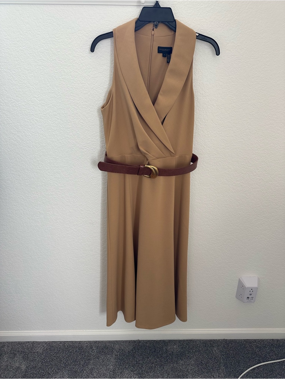 Donna Karen Sleeveless Tan Maxi Dress with Wrap Bodice and Belt